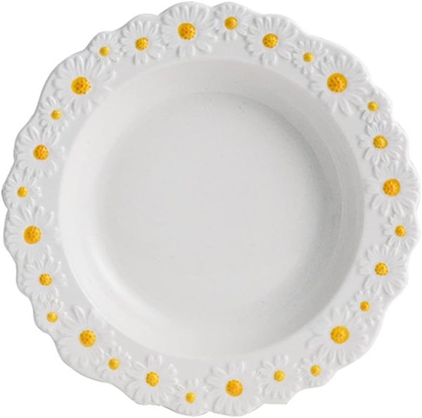 Ceramic Daisy Flat Plate Embossed Dessert Dish Small Daisy Edge Relief Dinnerware Steak Plate Irregular Dining Dish for Soup Crockery Kitchen Decoration Tableware Household Wedding
