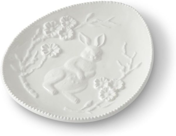 White Ceramic Easter Bunny Rabbit Embossed Egg Plate