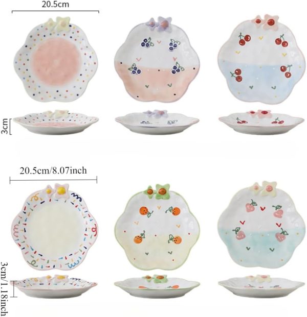 Hand-Painted Embossed Flower Ceramic Plate Breakfast Dessert 8-Inch Household Vegetable Cute Fruit Pasta Salad Snack (Pink dots) - Image 2