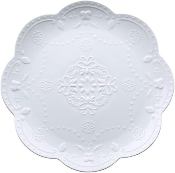 Elegant Round Embossed Lace Plate, Ceramic Serving Plate for Breakfast Afternoon Tea (White, 6-inch)