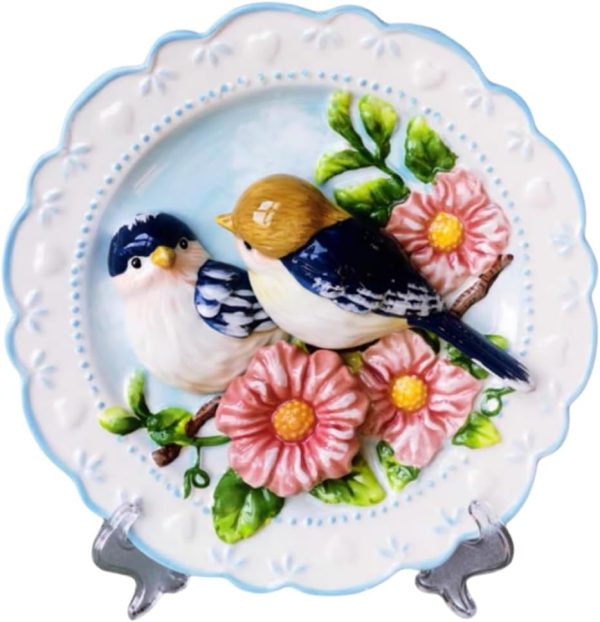 Ceramic Collections Plate, 3D Hand Painted Love Bird and Hibiscus Flower Decorative Tray with Display Stand -8"