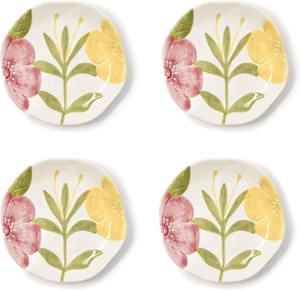 Floribunda Tidbit Plates with Floral Relief Design, 5.75-Inch, Ceramic, Set of 4