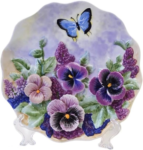 Ceramic 8" Collections Plate, 3D Hand-painted Flower and Butterfly Decorative Hanging Tray with Display Stand - Champagne Rose