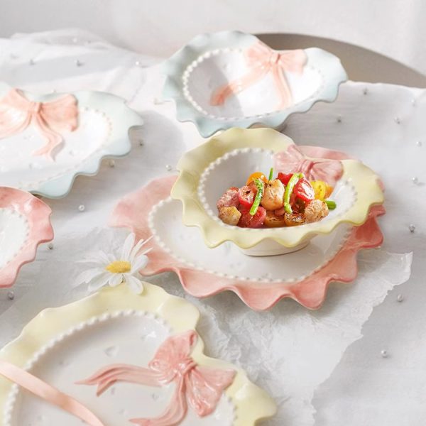 Ceramic Heart Bowl Dish Cute Bow Knot Plate Heart Decorative Dish Embossed Dessert Dish Irregular Dining Dish Dinner Bowl Salad Dessert Plate for Soup Crockery Kitchen Decoration Blue - Image 2