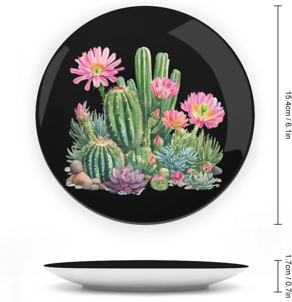 Cactus and Flowers Custom Bone China Decorative Plate Ceramic Decorative Plate with Display Stand for Home Office Wall Decor
