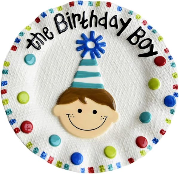 8 Inch Boy Girl Birthday Gift Tray Hand Drawn Embossed Disc Decorative Hanging Plate Candy Porcelain Plate Cake plate (boy)