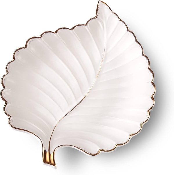 Ceramic Jewelry Trays Trinket Dish Ring Dish Ceramic Candy Plate Snack Plate Leaf Shaped Dish (White, Medium)