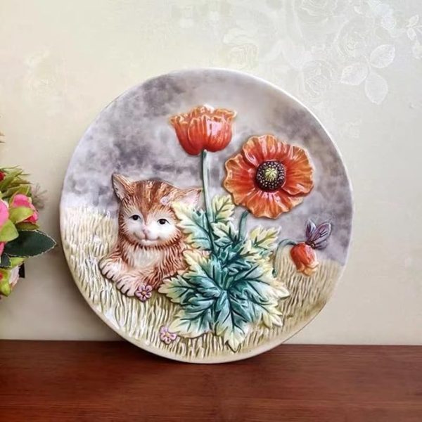 Ceramic Collections Plate, 3D Hand Painted Cat and Flower Decorative Tray with Display Stand -8" - Image 2