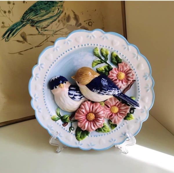 Ceramic Collections Plate, 3D Hand Painted Love Bird and Hibiscus Flower Decorative Tray with Display Stand -8" - Image 2