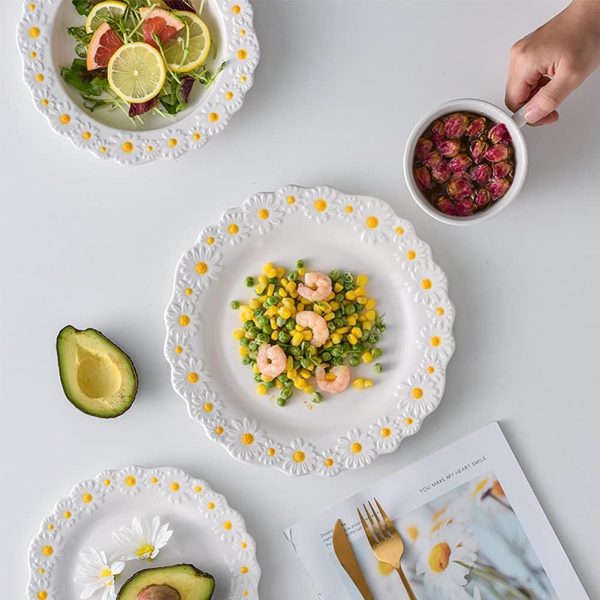 Ceramic Daisy Flat Plate Embossed Dessert Dish Small Daisy Edge Relief Dinnerware Steak Plate Irregular Dining Dish for Soup Crockery Kitchen Decoration Tableware Household Wedding - Image 2