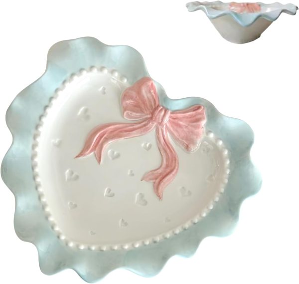 Ceramic Heart Bowl Dish Cute Bow Knot Plate Heart Decorative Dish Embossed Dessert Dish Irregular Dining Dish Dinner Bowl Salad Dessert Plate for Soup Crockery Kitchen Decoration Blue