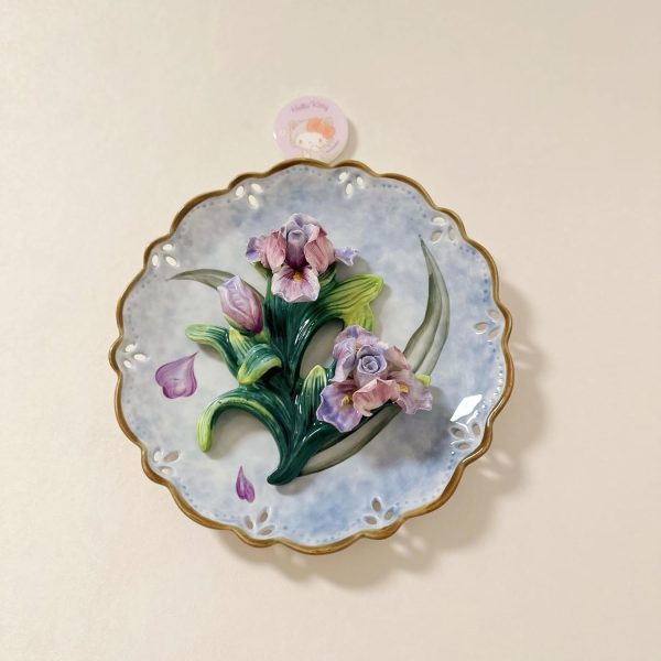 Ceramic Collections Plate, 3D Hand-painted Purple Tulip Flower and Leaf Decorative Tray with Display Stand-D 8inch