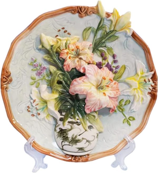 Ceramic Collections Plate, 3D Hand Painted Lilies Flower Decorative Tray with Display Stand -8"