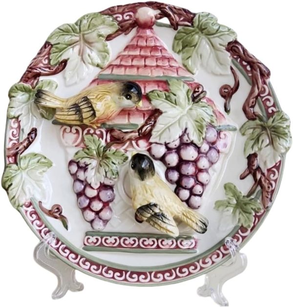 Ceramic Collections Plate, 3D Hand Painted Grape and Birds Decorative Tray with Display Stand -8"