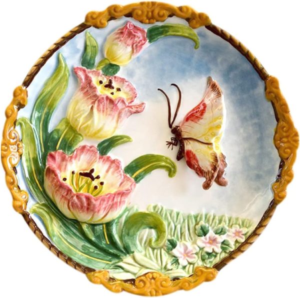 Ceramic Collections Plate, 3D Hand Painted Tulip Flower and Butterfly Decorative Tray with Display Stand -8"