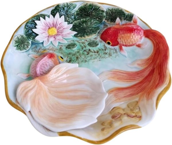 Ceramic Chip and Dip Platter, 3D Hand-paint Round Goldfish and Lotus Leaves dipping Saucer Plates -11inches