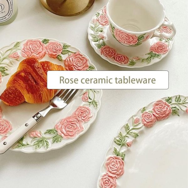 Ceramic Rose Flat Plate Embossed Dessert Dish Relief Flower Dinnerware Steak Plate Irregular Party Plates Kitchen Decorative Plates for Restaurant Decoration Household Wedding 8 Inch - Image 2