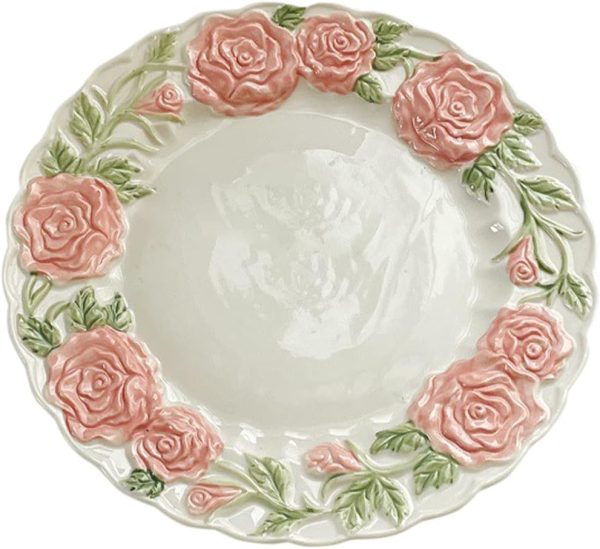 Ceramic Rose Flat Plate Embossed Dessert Dish Relief Flower Dinnerware Steak Plate Irregular Party Plates Kitchen Decorative Plates for Restaurant Decoration Household Wedding 8 Inch