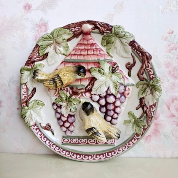 Ceramic Collections Plate, 3D Hand Painted Grape and Birds Decorative Tray with Display Stand -8" - Image 2