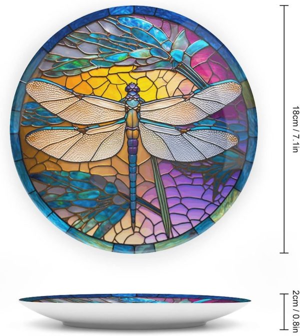 Decorative Plates for Wall Hanging, Stained Glass Window Design w/Dragonfly Ceramic Plate, Wobble-Plate with Display Stand, Home Decor for Kitchen Cabinets, Farmhouse Round Tray 7 Inch - Image 2