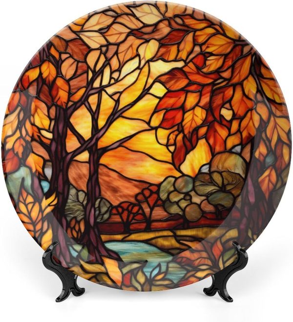 Decorative Plates, Stained Glass Design Fall Tree Landscape Ceramic Dinner Plate Home Wobble-Plate with Display Stand, Autumn Wall Hanging Decor for Living Dining Room Kitchen Household 6 Inch