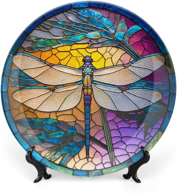 Decorative Plates for Wall Hanging, Stained Glass Window Design w/Dragonfly Ceramic Plate, Wobble-Plate with Display Stand, Home Decor for Kitchen Cabinets, Farmhouse Round Tray 7 Inch