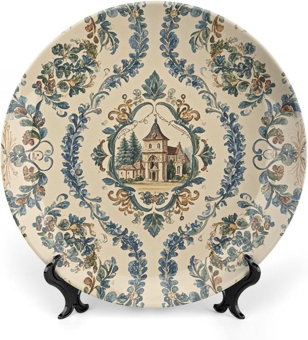 Ceramic Decorative Plate French Country Style Bone China Decorative Plates with Display Stand Personalized Porcelain Plate Ceramic Ornaments for Wall Hanging Decoration 8inch