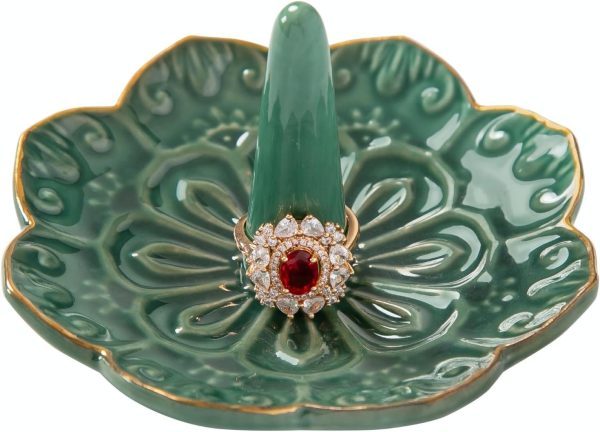 Ceramic Ring Holder Dish for Jewelry, Decorative Mandala Jewelry Tray for Rings Earrings Necklaces Watch Keys, Aesthetic Room Decor, Birthday Engagement Wedding Gifts for Women (Green)