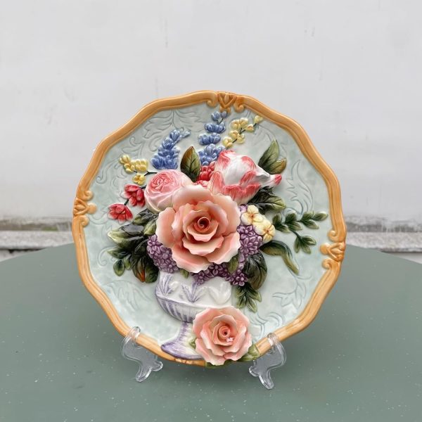 Ceramic Collections Plate, 3D Hand Painted Rose Flower Decorative Tray with Display Stand -8"