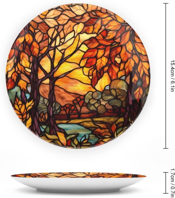 Decorative Plates, Stained Glass Design Fall Tree Landscape Ceramic Dinner Plate Home Wobble-Plate with Display Stand, Autumn Wall Hanging Decor for Living Dining Room Kitchen Household 6 Inch - Image 2
