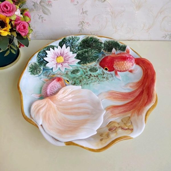 Ceramic Chip and Dip Platter, 3D Hand-paint Round Goldfish and Lotus Leaves dipping Saucer Plates -11inches - Image 2