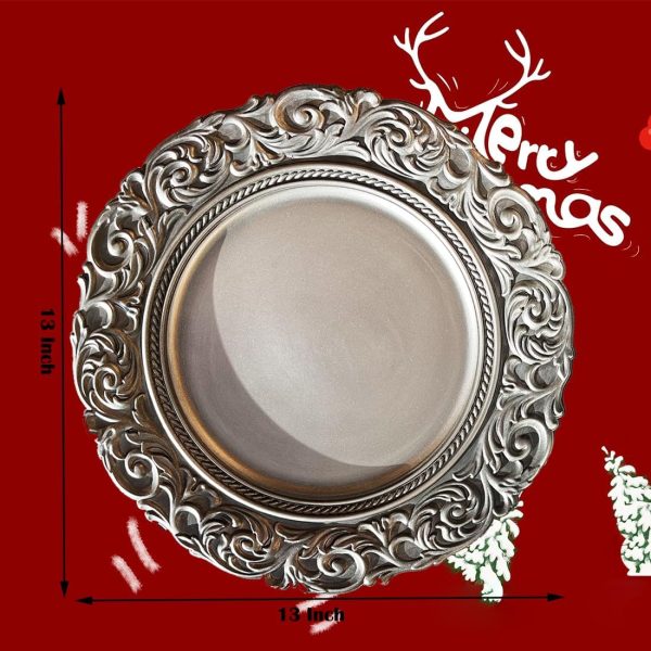 Antique Silver s Embossed Rim, 13 Inch Dinner Plate Chargers Round Server Ware. Set of 6 Plastic Charger for Dinner, Wedding, Elegant Tableware Decor - Image 2
