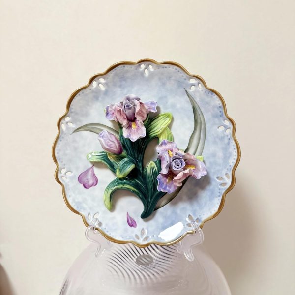 Ceramic Collections Plate, 3D Hand-painted Purple Tulip Flower and Leaf Decorative Tray with Display Stand-D 8inch - Image 2