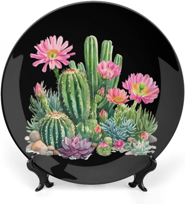 Cactus and Flowers Custom Bone China Decorative Plate Ceramic Decorative Plate with Display Stand for Home Office Wall Decor