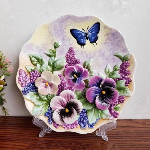 Ceramic 8" Collections Plate, 3D Hand-painted Flower and Butterfly Decorative Hanging Tray with Display Stand - Champagne Rose - Image 2