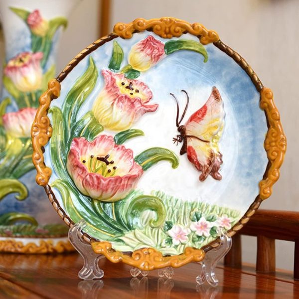 Ceramic Collections Plate, 3D Hand Painted Tulip Flower and Butterfly Decorative Tray with Display Stand -8" - Image 2