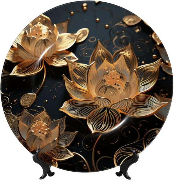 Bone China Decorative Plate 10in Ceramic Dinner Plates Boho Gold Lotus Flowers Decorative Plates Stand Ceramic Ornament Art Crafts Porcelain Plate for Living Room Kitchen Table Home