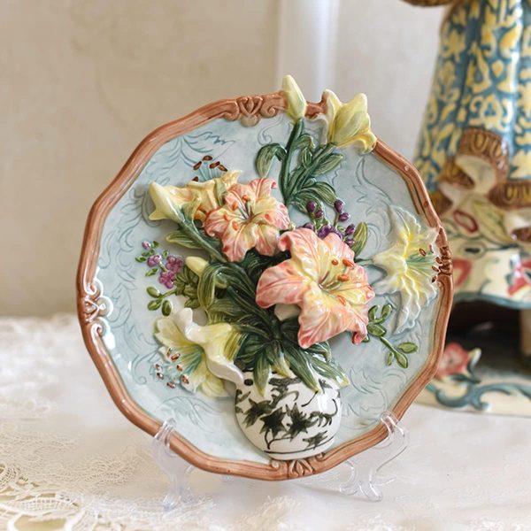 Ceramic Collections Plate, 3D Hand Painted Lilies Flower Decorative Tray with Display Stand -8" - Image 2