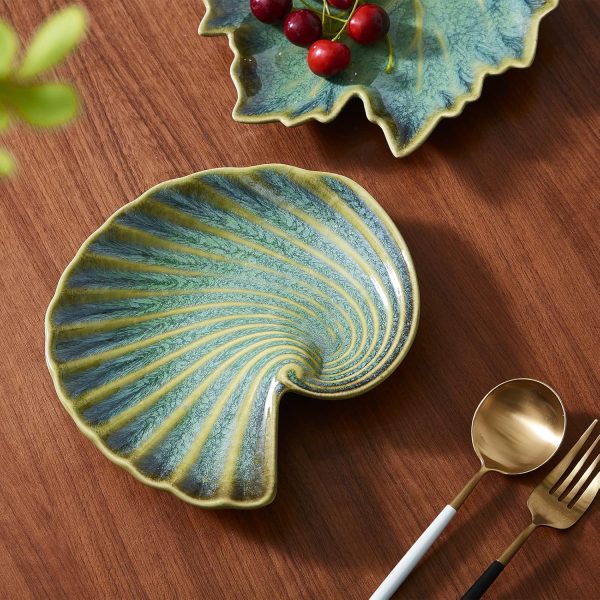 Ceramic Decorative Dish, Small Green Trinket Tray, Jewelry Plate Display Holder, Shell-Shaped Key Bowl for Jewelry Organizer Rings Holder Vanity Candy Decor Gift (8'' Shell)