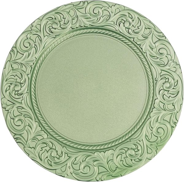 100 Pcs Antique s Bulk Round Plastic Dinner Plate Embossed Rim Server Plate Decorative Chargers Floral Plates for Dinner Parties Wedding,13 Inch (100pcs-Green)