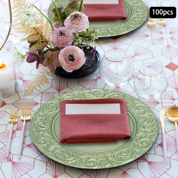 100 Pcs Antique s Bulk Round Plastic Dinner Plate Embossed Rim Server Plate Decorative Chargers Floral Plates for Dinner Parties Wedding,13 Inch (100pcs-Green) - Image 2