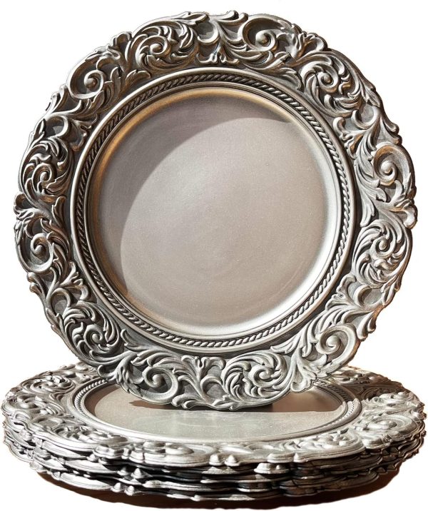Antique Silver s Embossed Rim, 13 Inch Dinner Plate Chargers Round Server Ware. Set of 6 Plastic Charger for Dinner, Wedding, Elegant Tableware Decor
