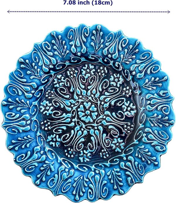 Turkish Handmade Decorative Plate for Display, Blue Ceramic Ornament for Home-Office, Floral Pattern Hand Painted Wall Hanging Decor, Embossed Commemorative Plates with Stand - Image 2