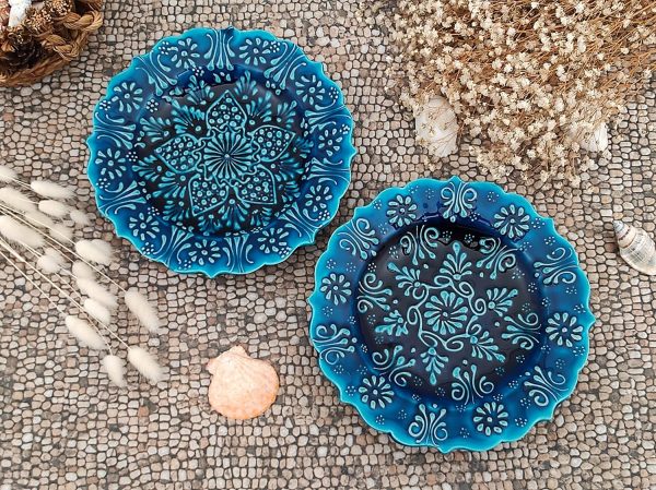 Turkish Decorative Plate Set of 2-7.08''(18 cm) Handmade Ceramic Ornament for Home Hanging Wall Decor - Image 2