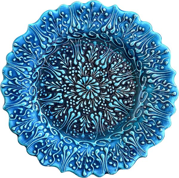 Turkish Handmade Decorative Plate for Display, Blue Ceramic Ornament for Home-Office, Floral Pattern Hand Painted Wall Hanging Decor, Embossed Commemorative Plates with Stand